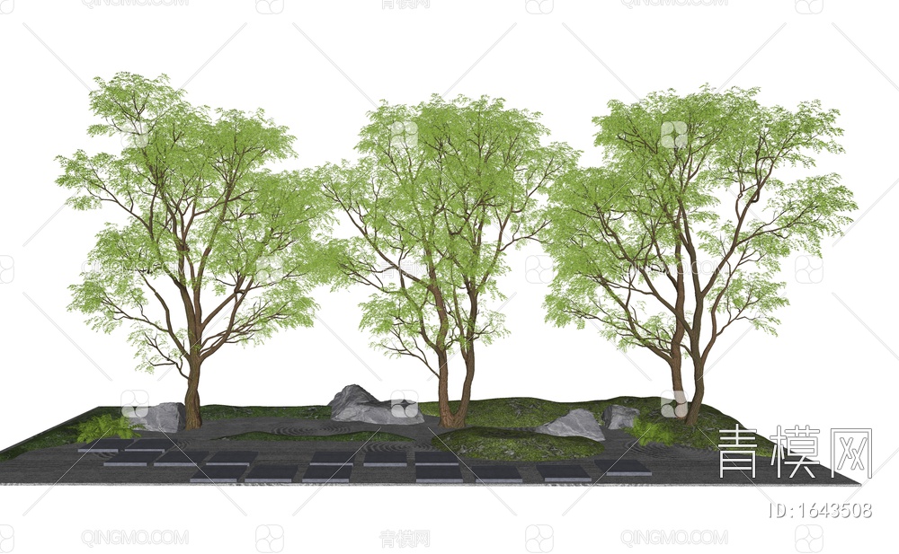 景观树 乔木 庭院造景树 石头SU模型下载【ID:1643508】