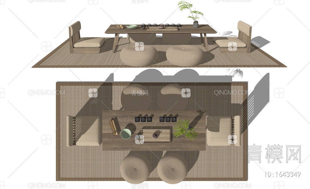 榻榻米茶台 茶桌椅 蒲团坐垫SU模型下载【ID:1643349】