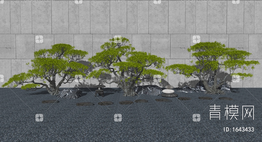 造型松树 景观树 石头 景观石SU模型下载【ID:1643433】