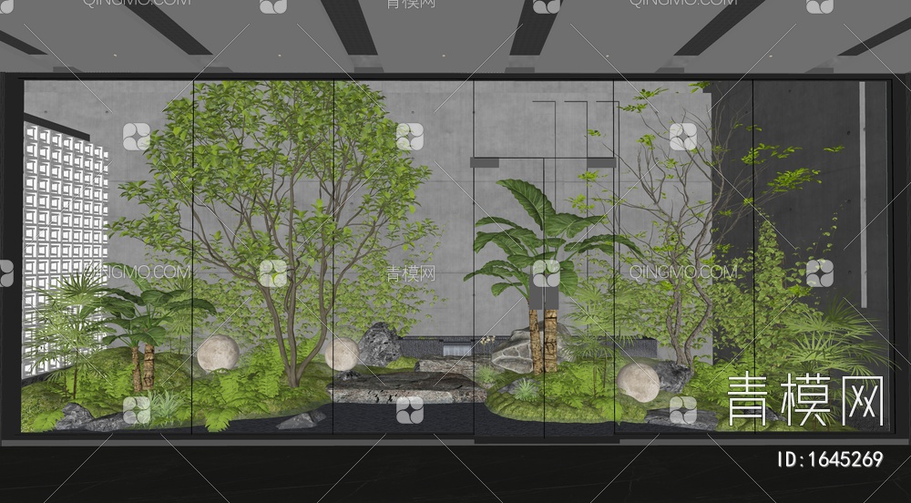 植物组合 植物堆 庭院小品 水景 跌水景观 乔木SU模型下载【ID:1645269】