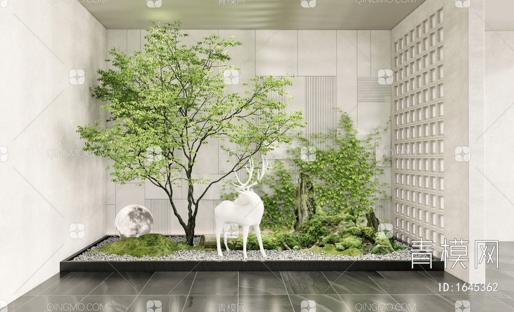 庭院景观小品 室内造景 苔藓枯木 景观植物 植物组合 麋鹿雕塑 乔木SU模型下载【ID:1645362】