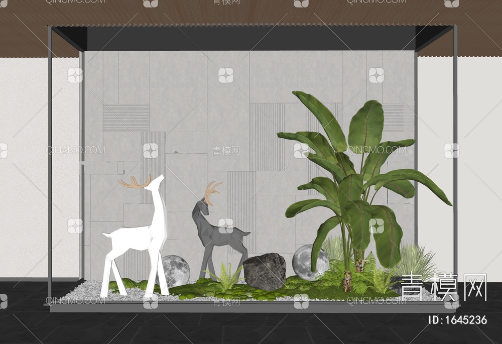 室内景观造景 庭院小品 麋鹿雕塑 植物堆 花境 植物组合 苔藓SU模型下载【ID:1645236】
