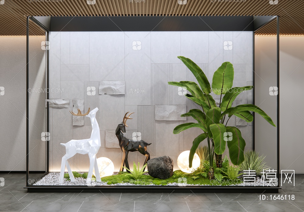 室内景观造景 庭院小品 麋鹿雕塑 植物堆 花境 植物组合 苔藓3D模型下载【ID:1646118】