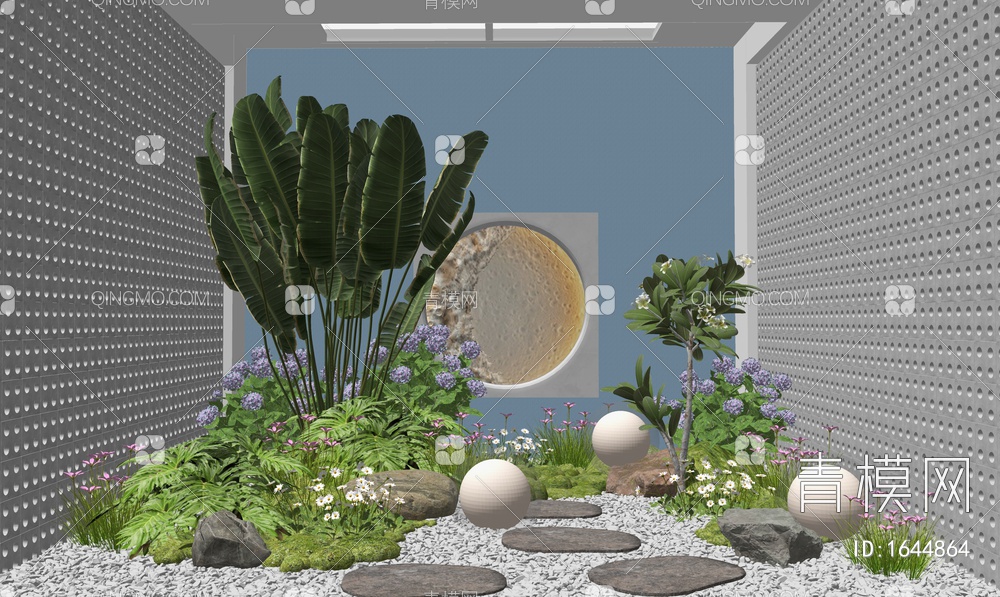 室内植物景观造景 庭院小品 花草 花境 植物组合 植物堆 芭蕉SU模型下载【ID:1644864】