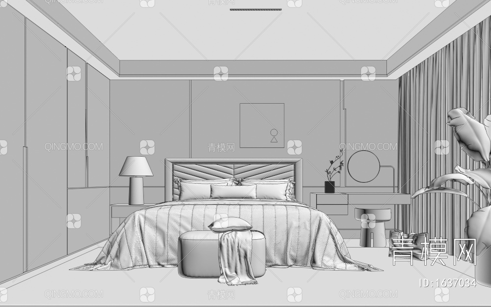 卧室，床品组合3D模型下载【ID:1637034】