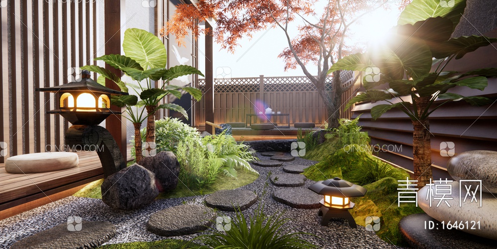 枯山水庭院景观 庭院植物景观 灌木 茶台 汀步 花草3D模型下载【ID:1646121】