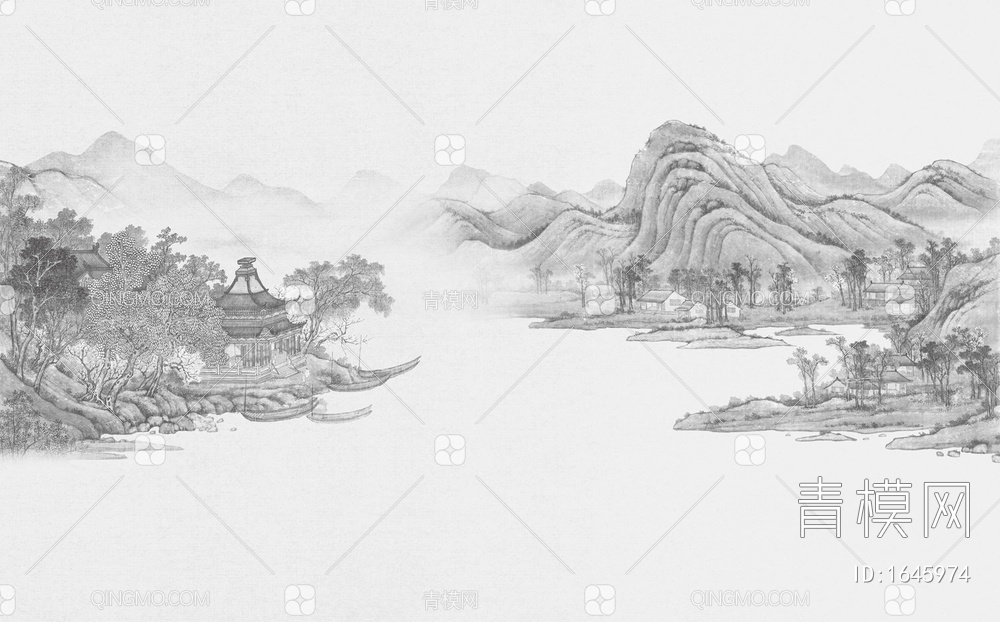 中式山水壁画背景墙贴图贴图下载【ID:1645974】