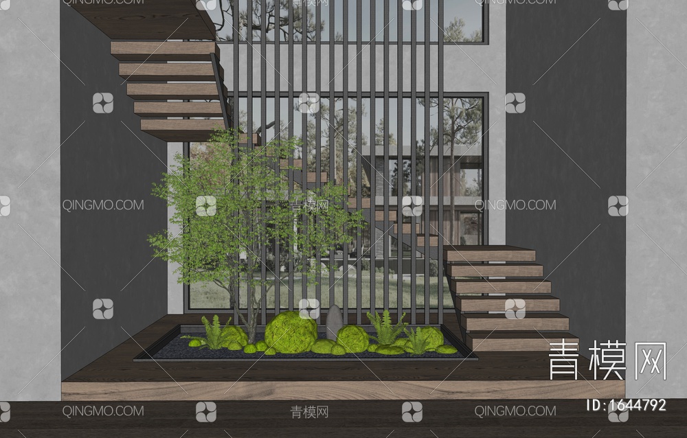 楼梯间 植物景观造景 苔藓 乔木 蕨类植物SU模型下载【ID:1644792】