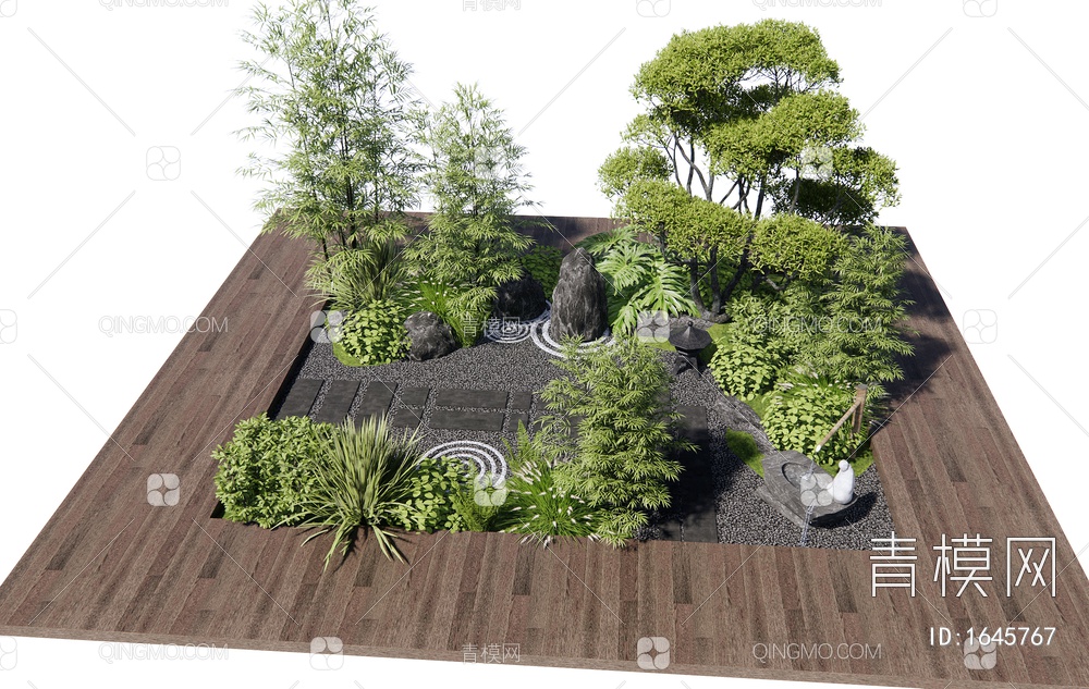 景观造景 庭院景观小品 植物堆 松树 景观石 竹子SU模型下载【ID:1645767】