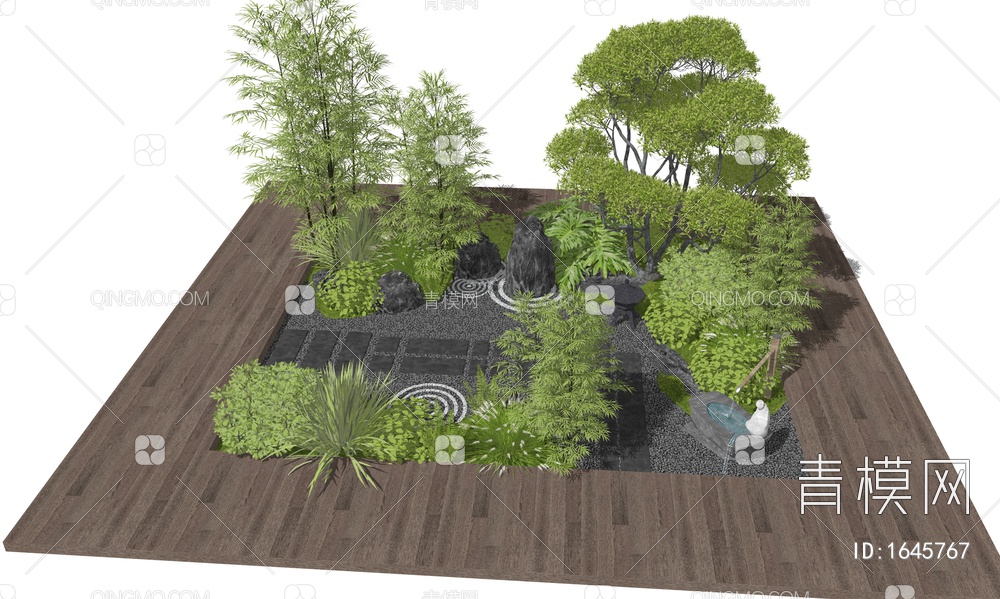 景观造景 庭院景观小品 植物堆 松树 景观石 竹子SU模型下载【ID:1645767】