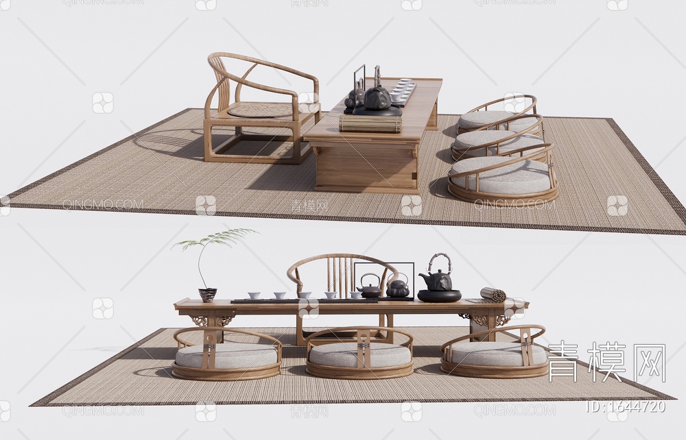 榻榻米茶桌椅 茶台 茶具摆件 坐垫椅3D模型下载【ID:1644720】
