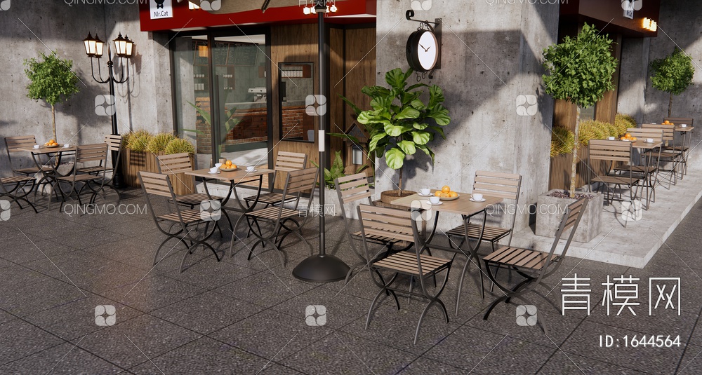 户外桌椅 咖啡厅外摆 商业外摆 植物盆栽3D模型下载【ID:1644564】
