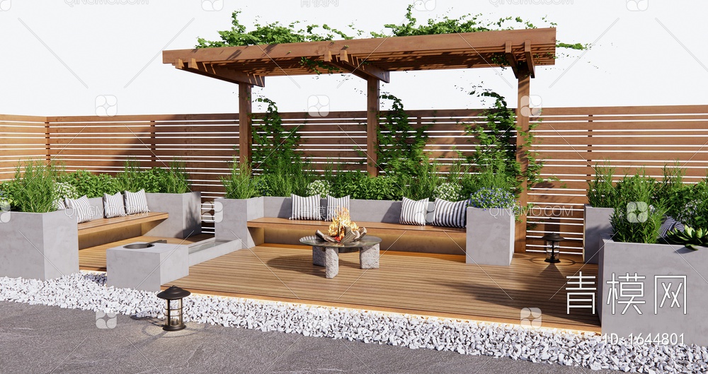 屋顶花园 露台景观 植物堆 花架 景观座椅SU模型下载【ID:1644801】