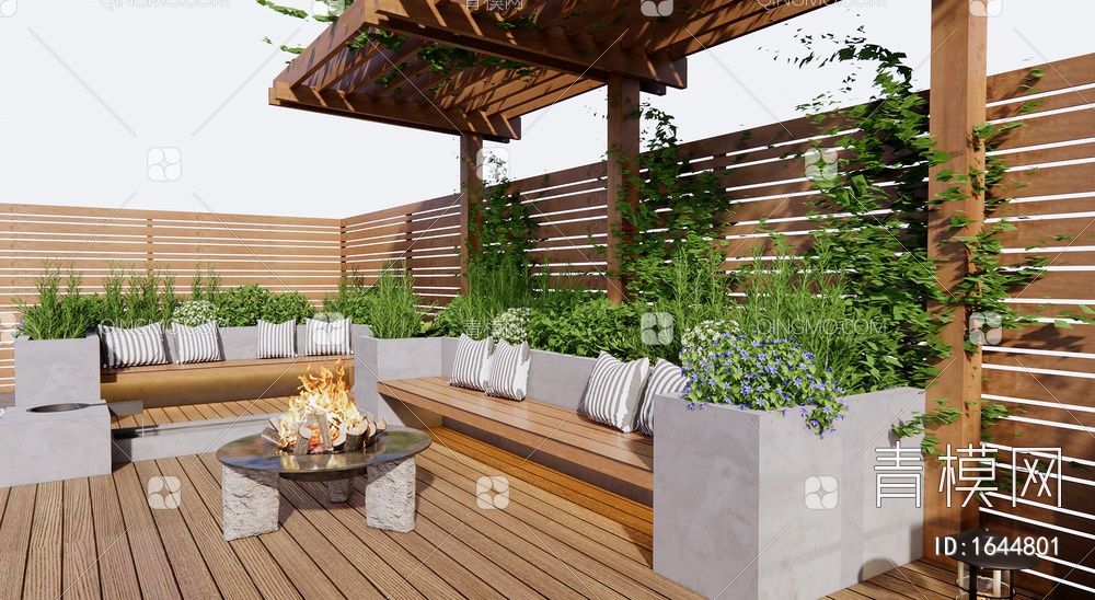 屋顶花园 露台景观 植物堆 花架 景观座椅SU模型下载【ID:1644801】
