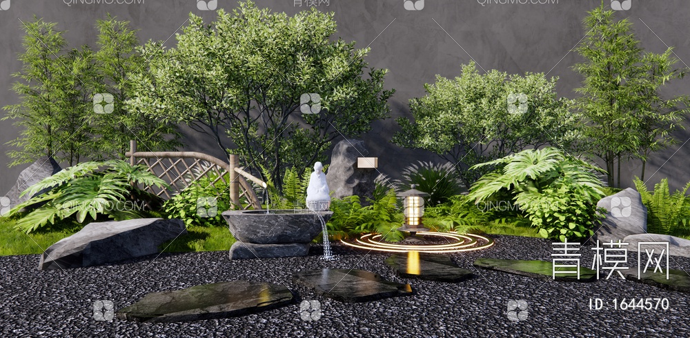 庭院小品 枯山水园艺造景 水钵 植物堆 灌木 花草3D模型下载【ID:1644570】