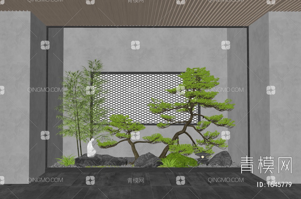 室内景观造景 庭院景观小品 石头 松树 竹子 植物景观SU模型下载【ID:1645779】