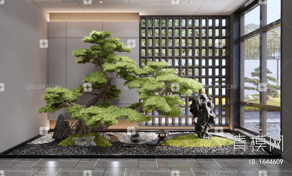 庭院小品 室内景观造景 松树 枯山石 禅意景观3D模型下载【ID:1644609】