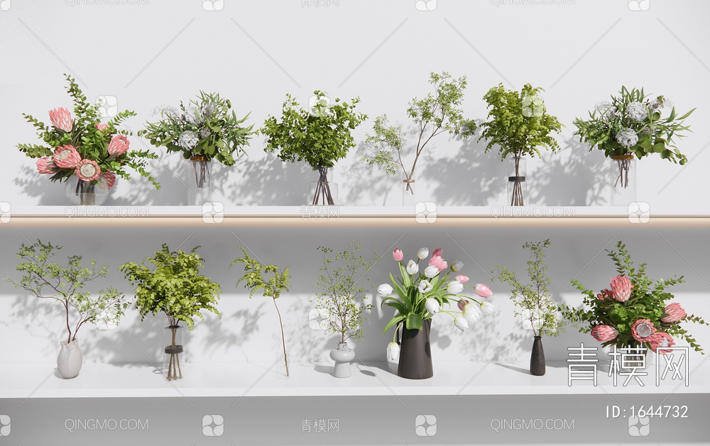 花瓶插花摆件 水生植物 玻璃花瓶 花艺3D模型下载【ID:1644732】