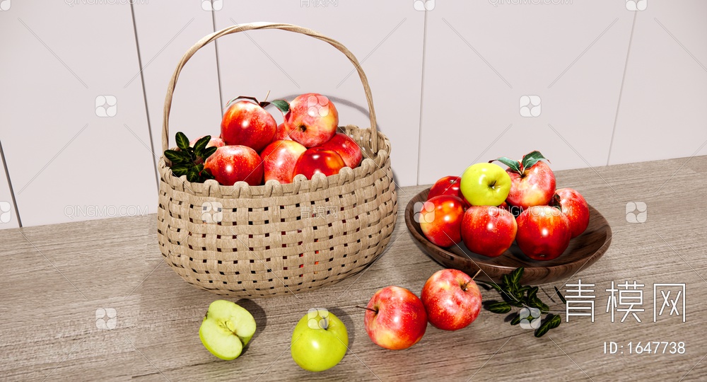 水果篮 竹编篮子 红苹果 青苹果 水果盘SU模型下载【ID:1647738】
