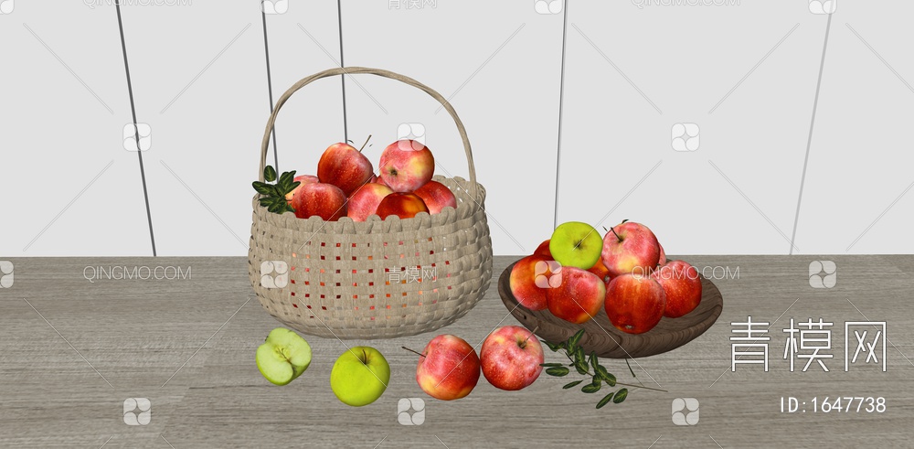 水果篮 竹编篮子 红苹果 青苹果 水果盘SU模型下载【ID:1647738】