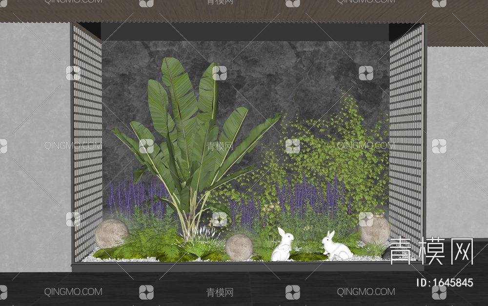 室内景观造景 庭院植物小品 植物造景 蕨类植物 景观树 小兔雕塑SU模型下载【ID:1645845】