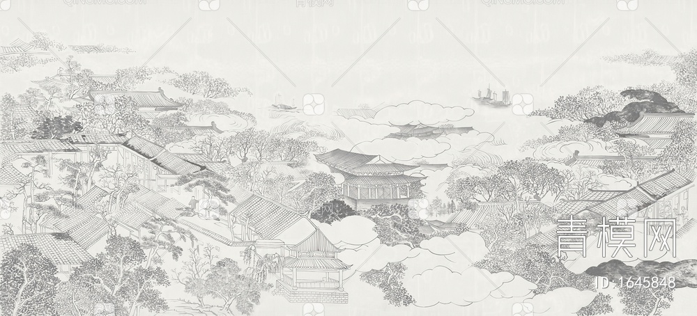 新中式山水水墨壁纸壁画贴图贴图下载【ID:1645848】