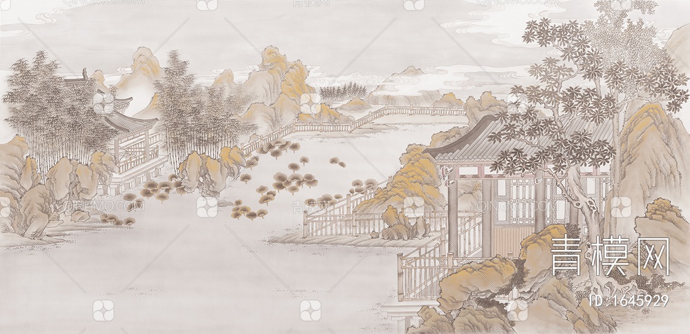 中式壁纸壁画中式山水壁画贴图贴图下载【ID:1645929】