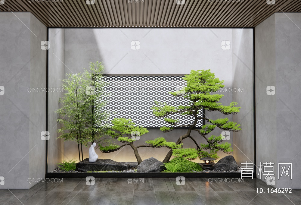室内景观造景 庭院景观小品 石头 松树 竹子 植物景观3D模型下载【ID:1646292】