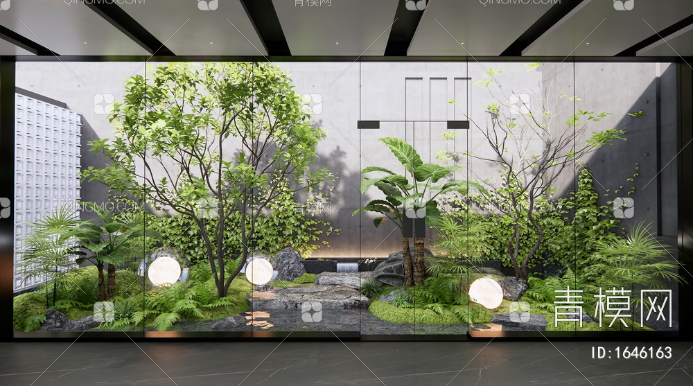 植物组合 植物堆 庭院小品 水景 跌水景观 乔木3D模型下载【ID:1646163】