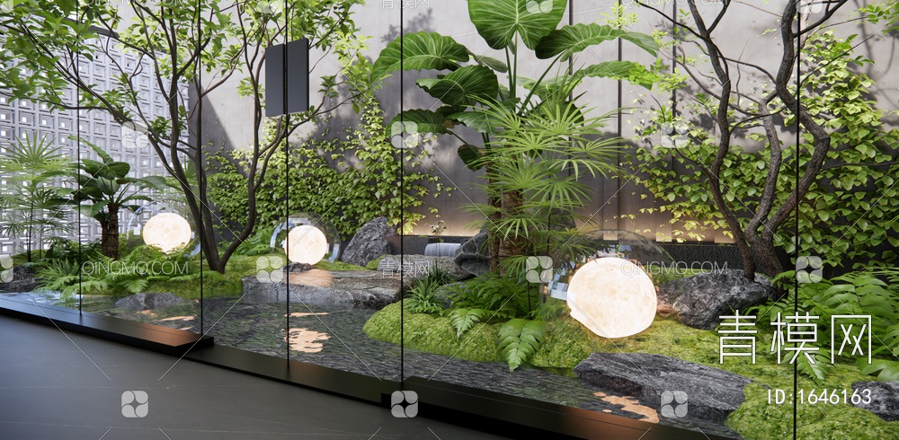植物组合 植物堆 庭院小品 水景 跌水景观 乔木3D模型下载【ID:1646163】