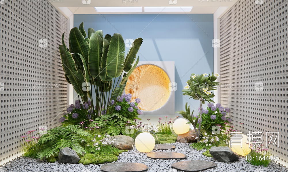 室内植物景观造景 庭院小品 花草 花境 植物组合 植物堆 芭蕉 带3D模型下载【ID:1644495】