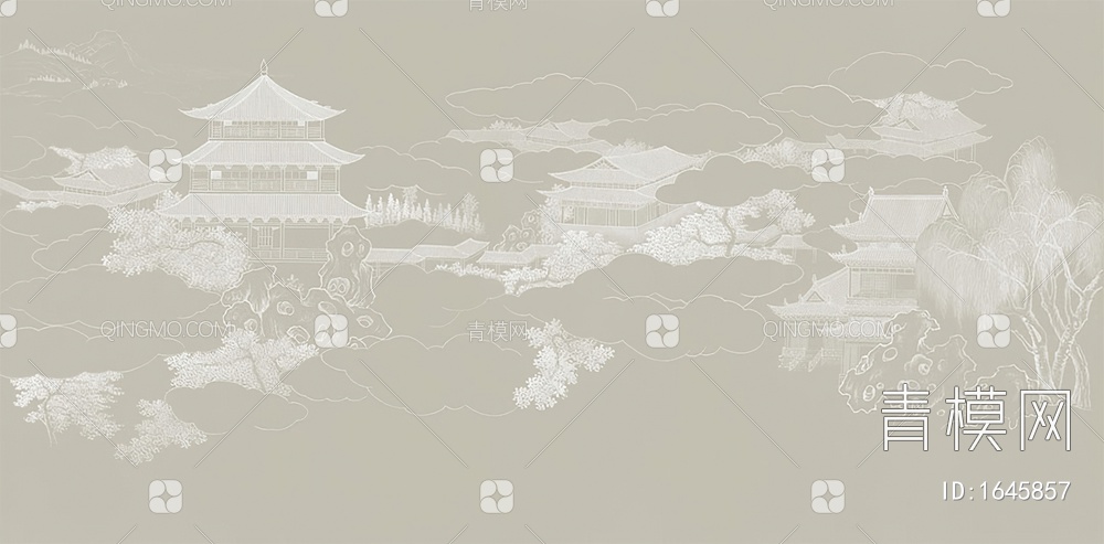 新中式山水云阁仙境阁楼壁画贴图贴图下载【ID:1645857】