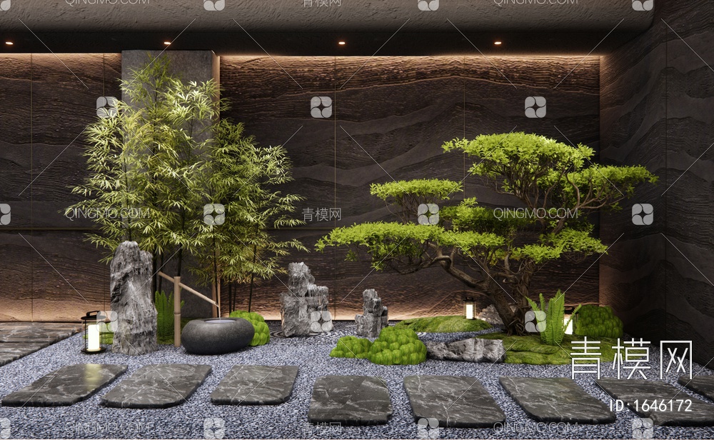 室内景观造景 庭院小品 枯山水 假山石头 景观树 松树 竹子3D模型下载【ID:1646172】