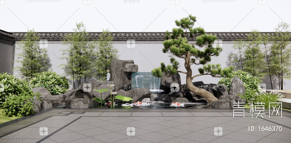 假山水景 景观石头 跌水小品 松树 灌木 竹子3D模型下载【ID:1646370】