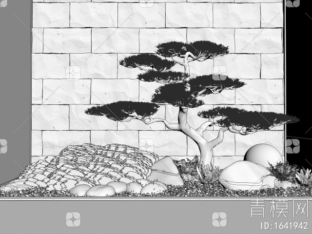 室内景观造景 庭院小品 植物堆景观 石头 松树 叠石背景墙 苔藓植物3D模型下载【ID:1641942】