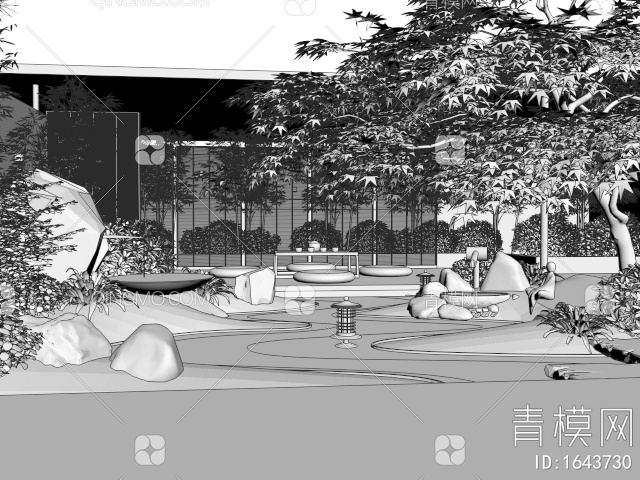 枯山水庭院景观 假山水景 景观石 水钵 红枫树 竹子 茶台3D模型下载【ID:1643730】