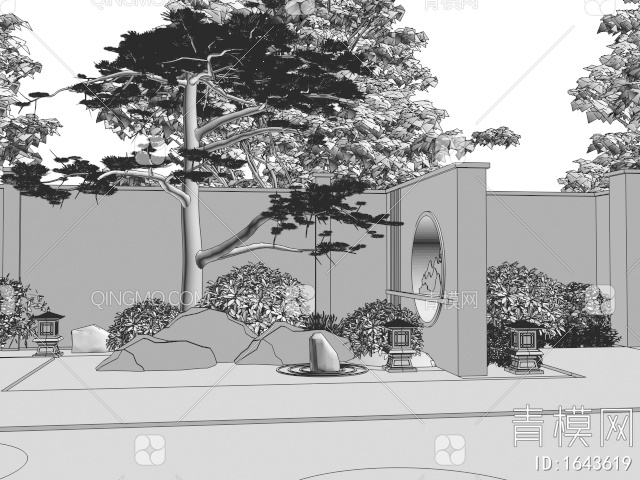 庭院景墙 景观石 园艺造景 松树3D模型下载【ID:1643619】