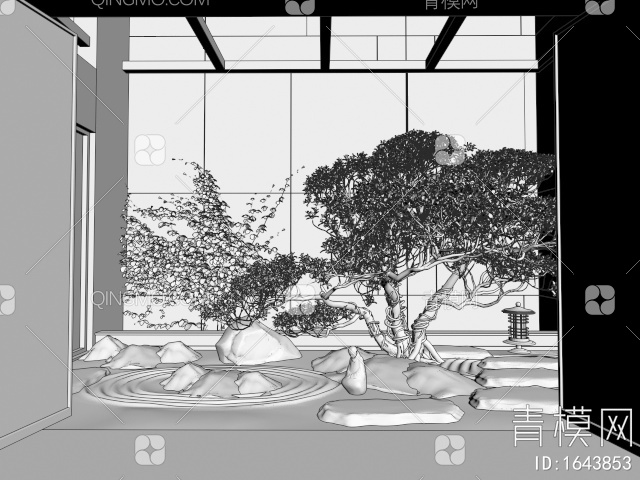 天井庭院景观造景 苔藓 石头 植物景观 枯山石 景观树3D模型下载【ID:1643853】