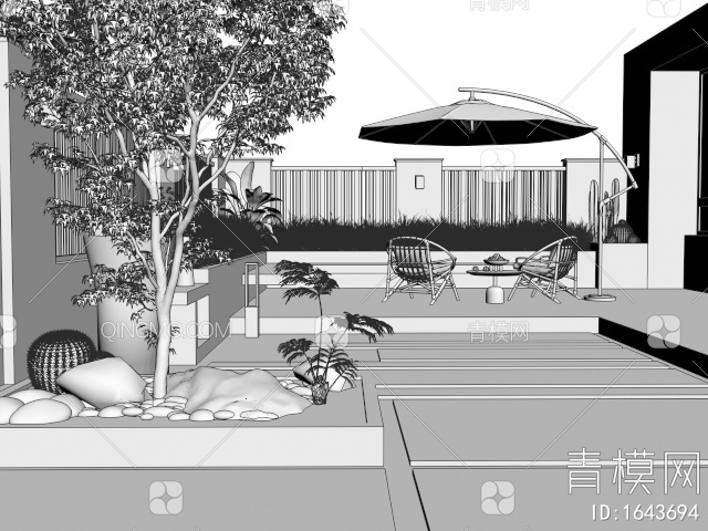 庭院景观 居家庭院 户外桌椅 花草植物 景观树 仙人掌3D模型下载【ID:1643694】