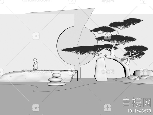 景墙 假山水景 水钵 跌水景观 松树 迎客松 景观石3D模型下载【ID:1643673】