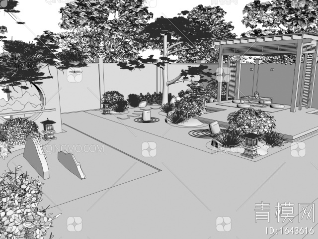 庭院景观 亭子 景墙 假山水景 枯山水 园艺造景3D模型下载【ID:1643616】