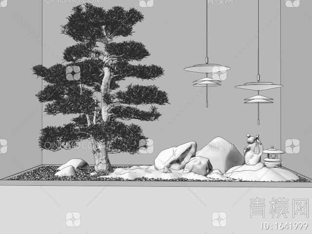 室内景观造景 庭院小品 景观石头 造型松树 吊灯3D模型下载【ID:1641999】