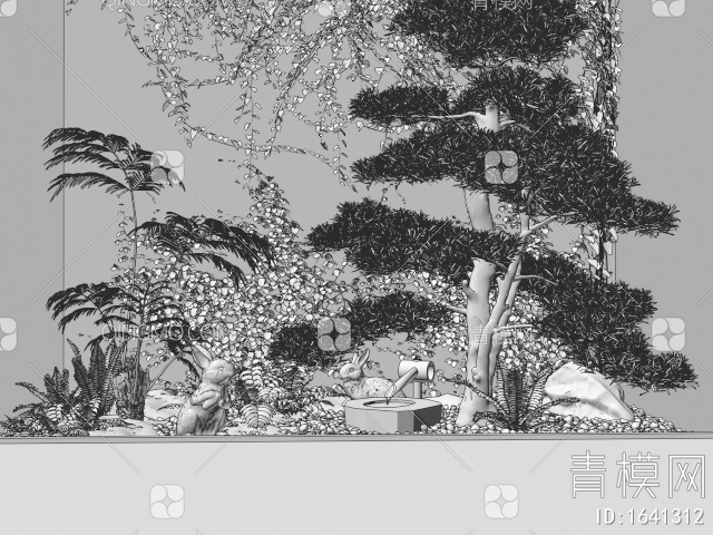 中庭庭院小品 室内植物造景 天井景观 爬山虎 蕨类植物堆 青苔 水钵 松树3D模型下载【ID:1641312】
