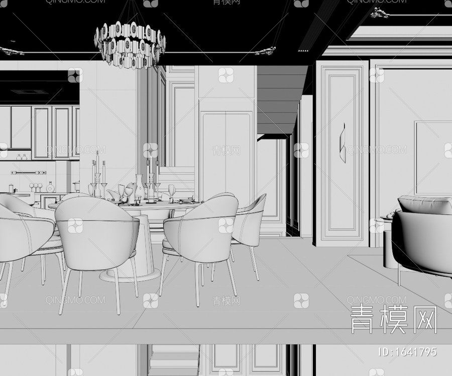 家居别墅客餐厅、楼梯间3D模型下载【ID:1641795】