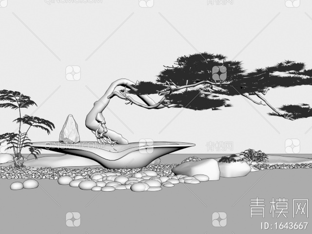 松树盆栽 迎客松盆景 石头 苔藓 园艺景观造景3D模型下载【ID:1643667】