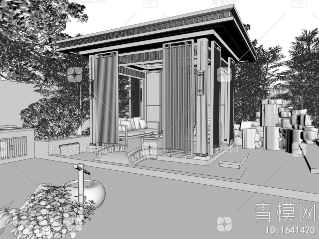 庭院景观 假山水景 亭子 户外沙发 竹子 景观树 灌木3D模型下载【ID:1641420】