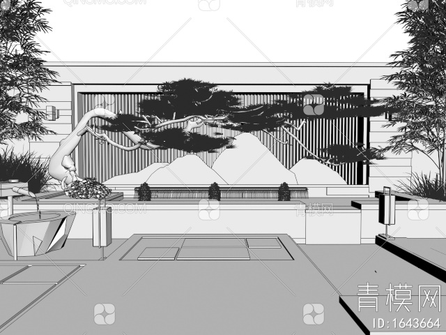 山水景墙 庭院景墙 假山水景 造型松树 草丛植物 竹子3D模型下载【ID:1643664】