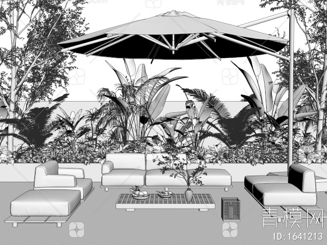 户外沙发茶几组合 双人沙发 单人沙发 灌木花草 植物景观3D模型下载【ID:1641213】