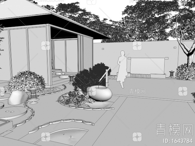 枯山水庭院景观 水景墙 亭子 茶台 庭院植物景观 灌木3D模型下载【ID:1643784】