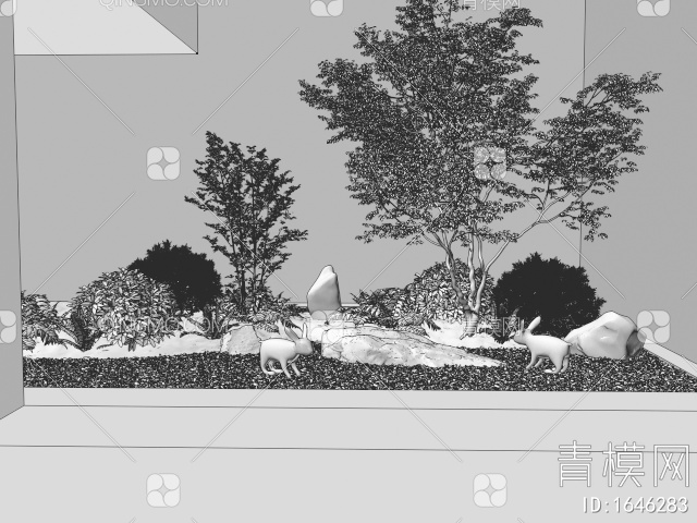室内植物景观造景 庭院小品 植物堆 石头 灌木3D模型下载【ID:1646283】